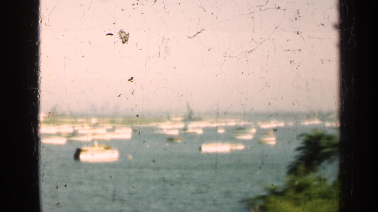 1947 Illinois 8mm frame showing boats on a harbor or lake through dark window bars, with foliage in the foreground.