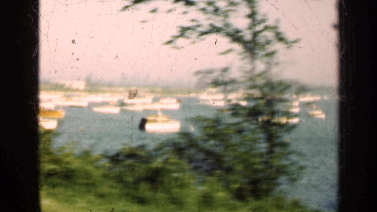 1947 Illinois 8mm frame with a vertical window bar, blurred trees, and multiple small boats on calm water.