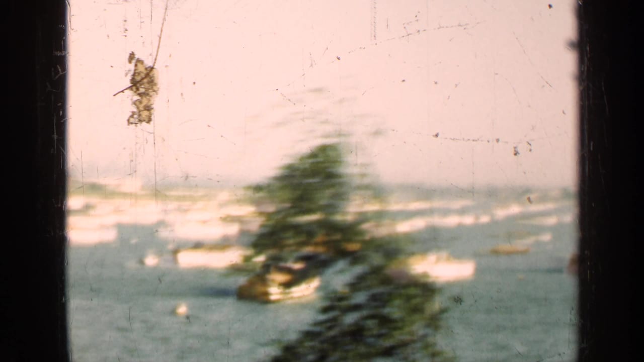 Small boats on water seen through dark window bars with shoreline greenery.