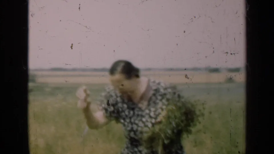 A woman holding greenery raises one hand in a 1947 Illinois field, with flat farmland and a hazy horizon behind her.