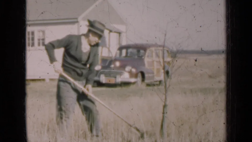 The man continues tending the young tree in a rural Illinois yard, with a wood-paneled station wagon parked near the house.