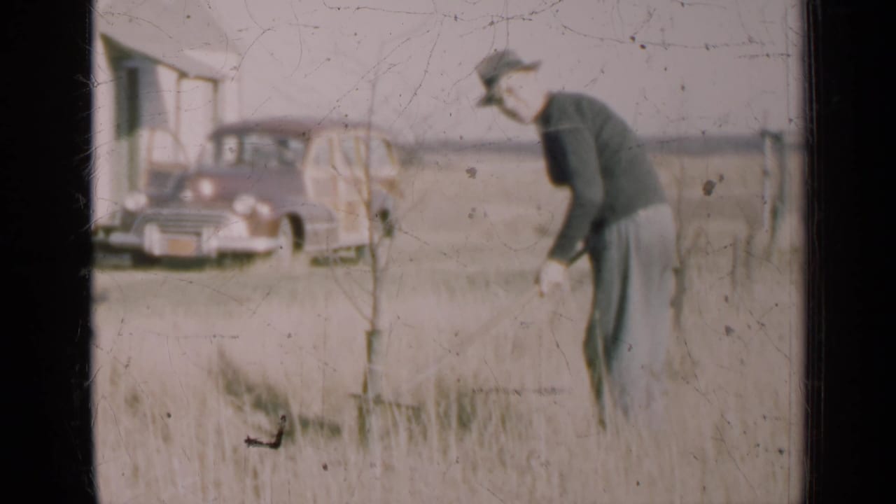 A man in rural Illinois appears to rake or gather field material, with fence posts, a pale building, and a vintage station wagon in the background.