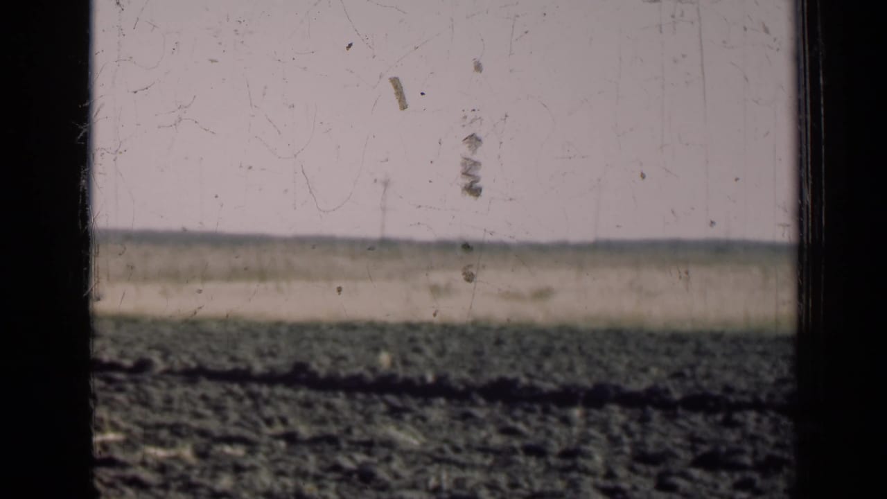 1947 Illinois farmland with a plowed foreground, pale sky, flat horizon, and dark window-frame bars crossing the view.