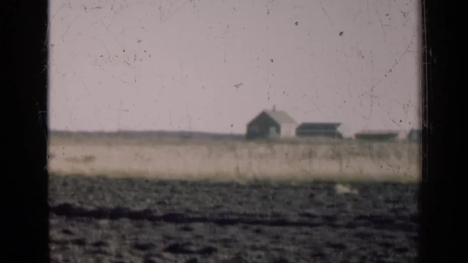 A small farmhouse and low farm outbuildings stand on the Illinois horizon beyond a broad plowed field.