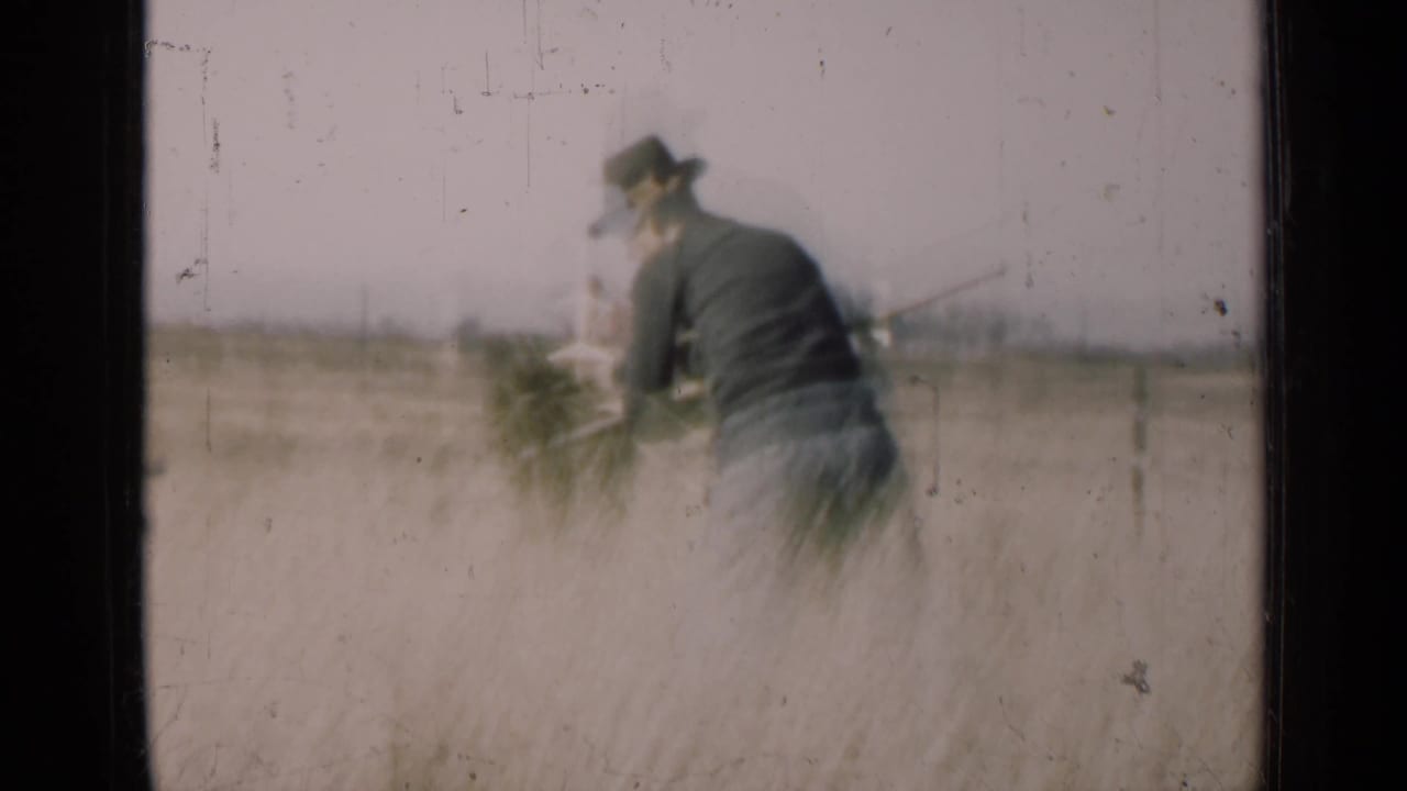 Man in a dark hat bends among tall grain in an open field.