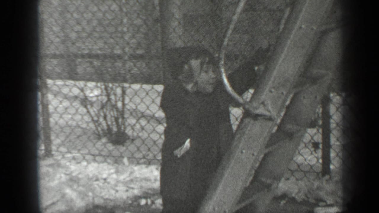 In 1947 New York home-movie footage, a small child in a dark coat and hat climbs a wooden playground slide beside a snowy fence.
