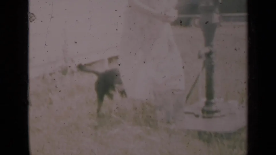 The dog moves near the base of the hand pump while an adult stands close by in the soft, faded 1948 Indiana home-movie frame.