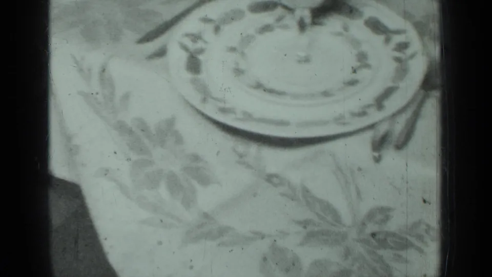 1950 New York 8mm view of a patterned plate resting on a floral tablecloth with dark frame edges and soft focus.
