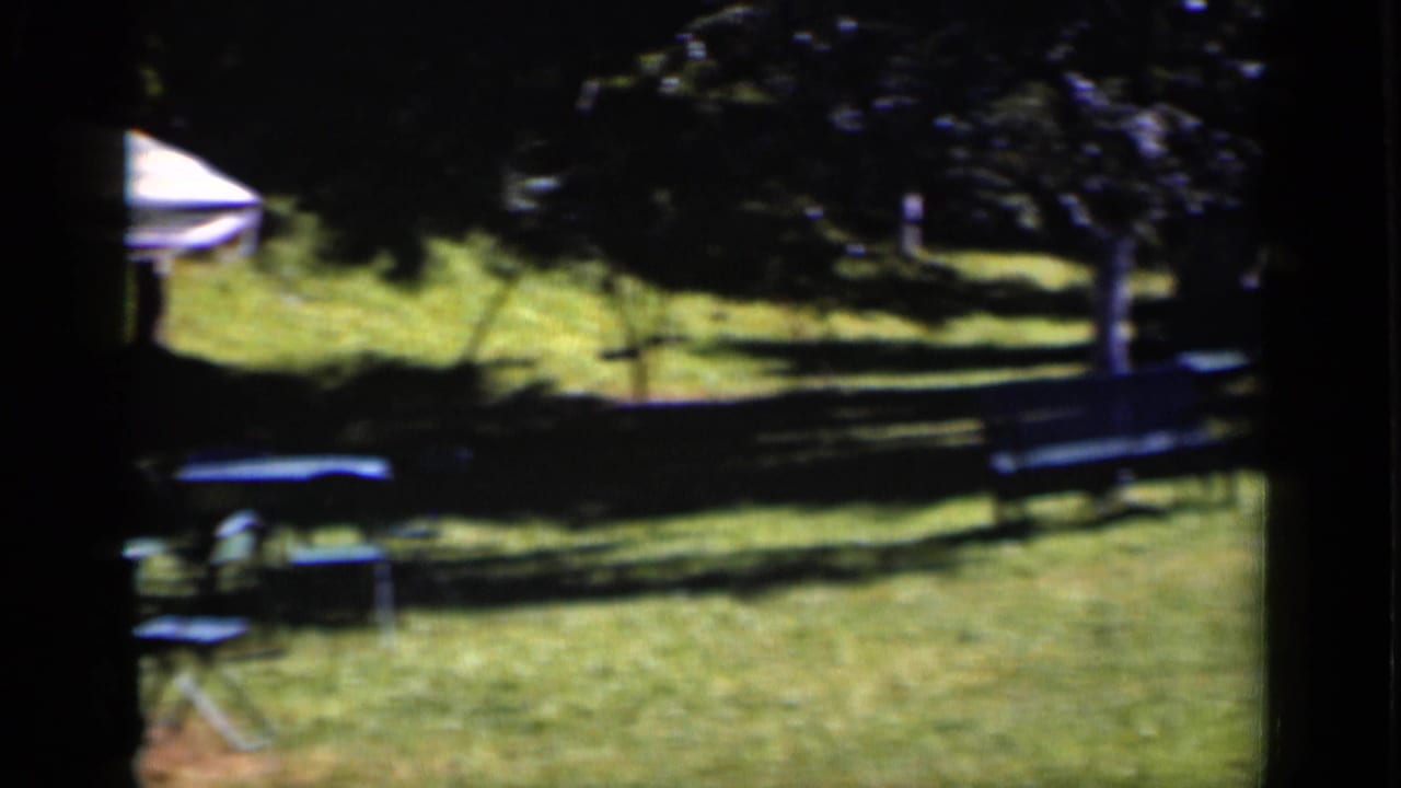 1951 New York home-movie frame of a sunlit lawn with patio umbrella, small furniture, trees, and bench seating.