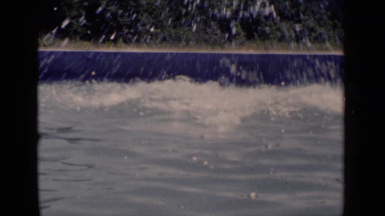 Pool water splashes near a blue pool edge with trees above the frame.
