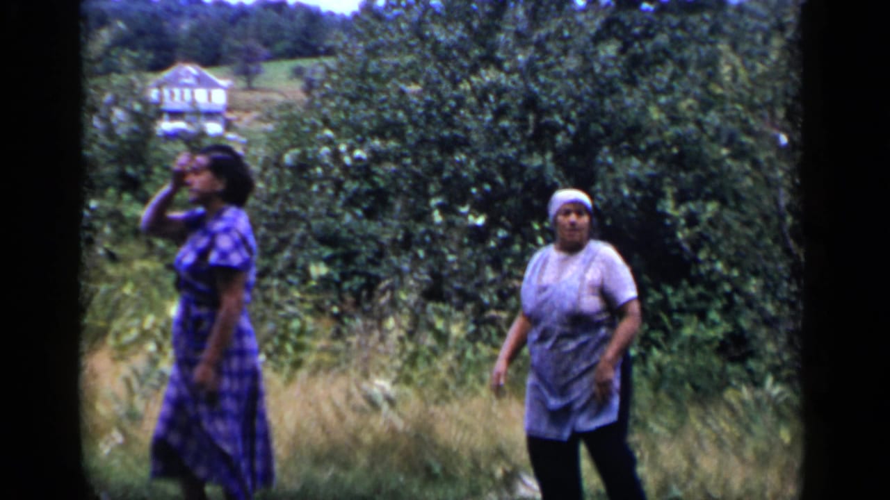 Two women walk through tall grass near trees with a distant house behind them.