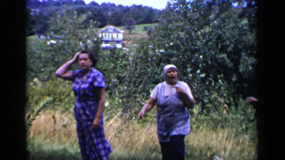 In the 1951 New York outdoor scene, two women appear in tall grass near trees, one touching her hair and the other facing forward.