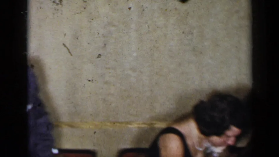 Soft 8mm frame from a 1954 New York dinner gathering, with a woman in a dark dress leaning near the table.