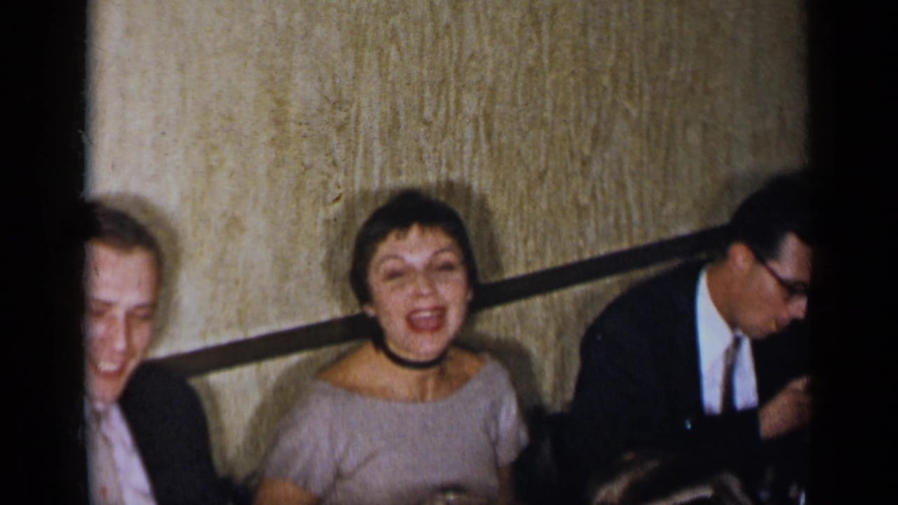 Adults in suits and dresses sit at a restaurant table, with one woman laughing toward the camera.