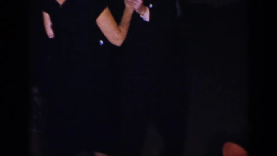 The final 1954 New York frame shows a dark, partial view of guests dancing in a low-lit interior.