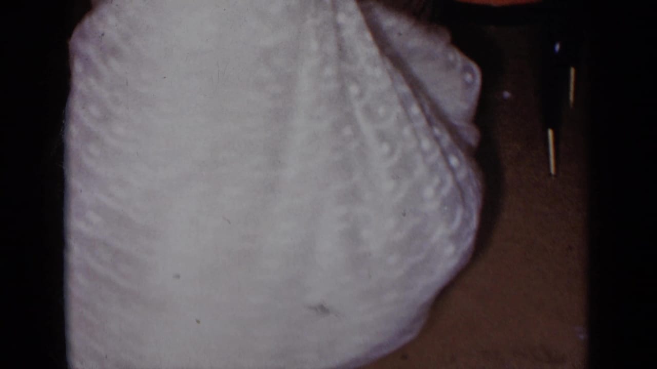 Close cropped view of a woman in a white strapless dress in a dim interior.