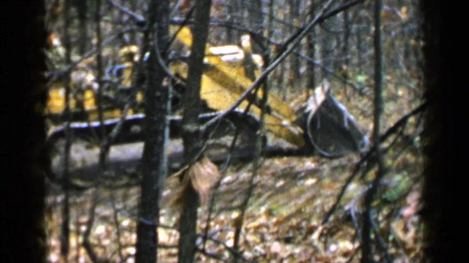 A yellow tracked excavator and bucket appear between trees in the wooded Birmingham, Alabama footage.