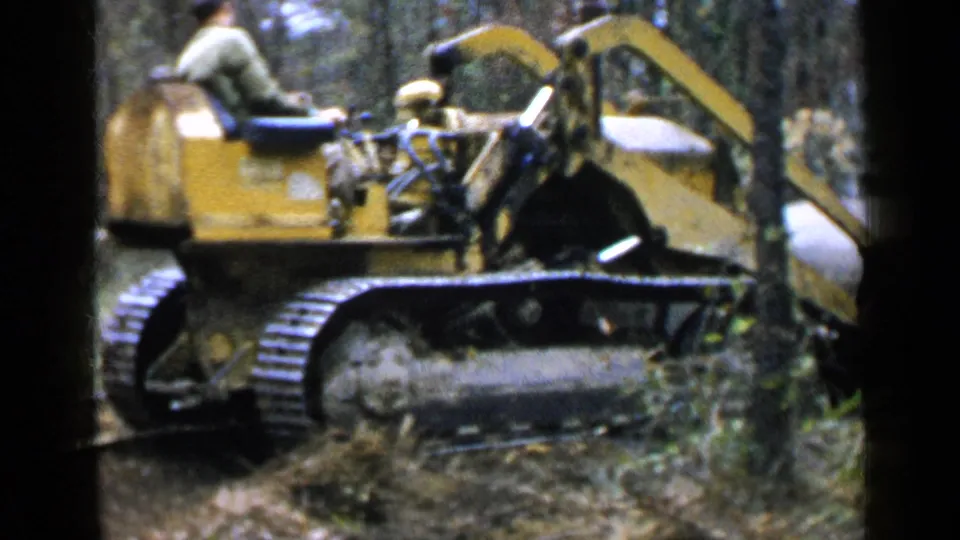 A man operates a yellow tracked bulldozer in the 1957 Birmingham land-clearing scene, filmed from close range through trees.