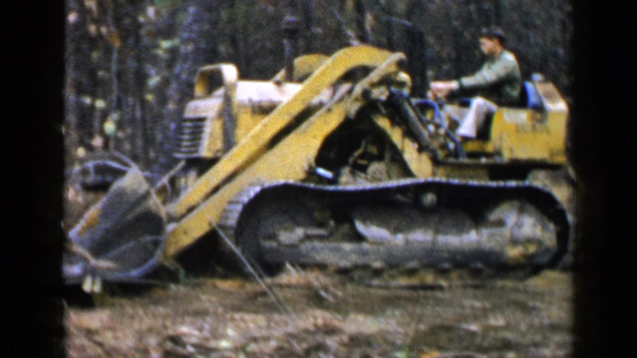 Yellow tracked bulldozer with a male operator clearing brush in a wooded area.