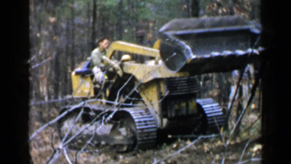 Side view of the tracked excavator and operator in a wooded Birmingham, Alabama work area, with the bucket lifted near foreground branches.