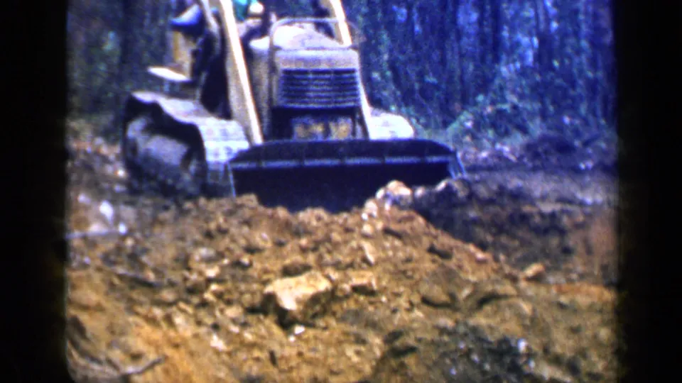 Front view of the tracked bulldozer pushing earth in a wooded clearing, with the operator partly visible above the machine.