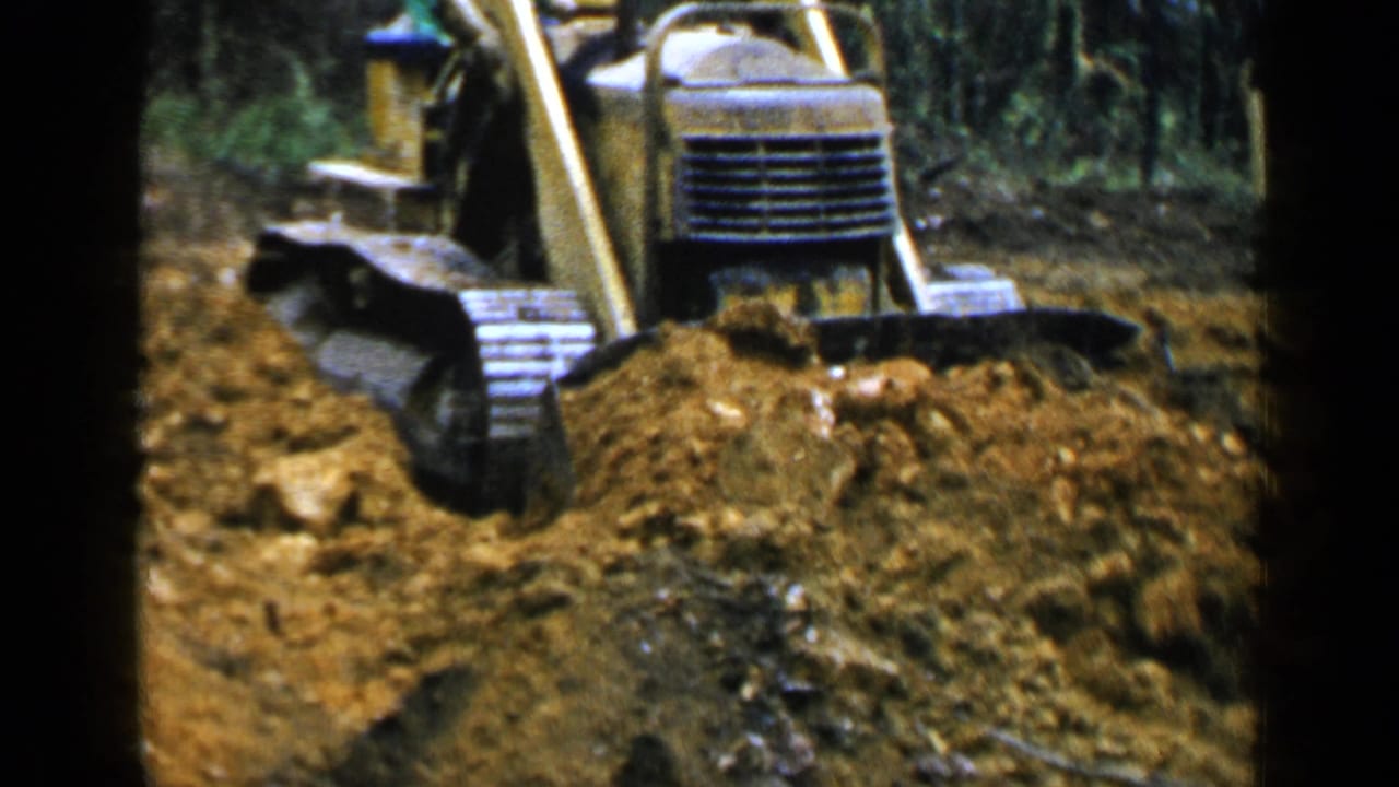 Yellow tracked loader pushes a mound of dirt in a wooded work area.