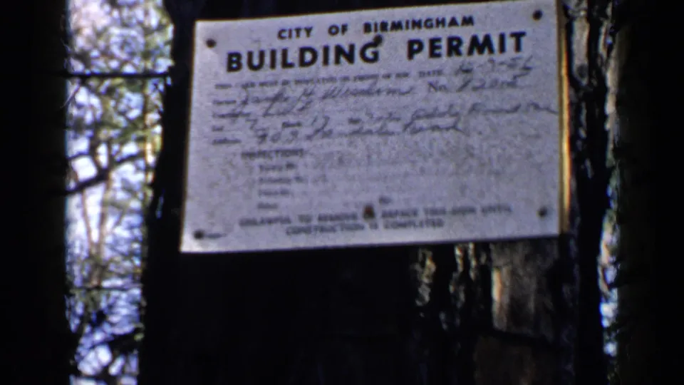 City of Birmingham building permit sign filmed close-up on a tree, with surrounding trunks and bright wooded background visible.