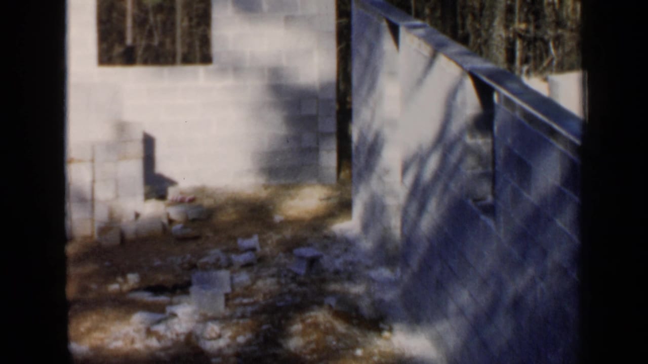 Partially built cinder block wall in a wooded yard with scattered masonry on dirt ground.
