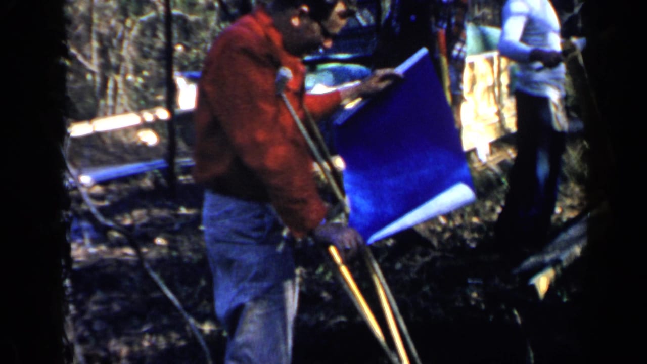 Man in a red jacket handles a large blue sheet near lumber in a wooded area.
