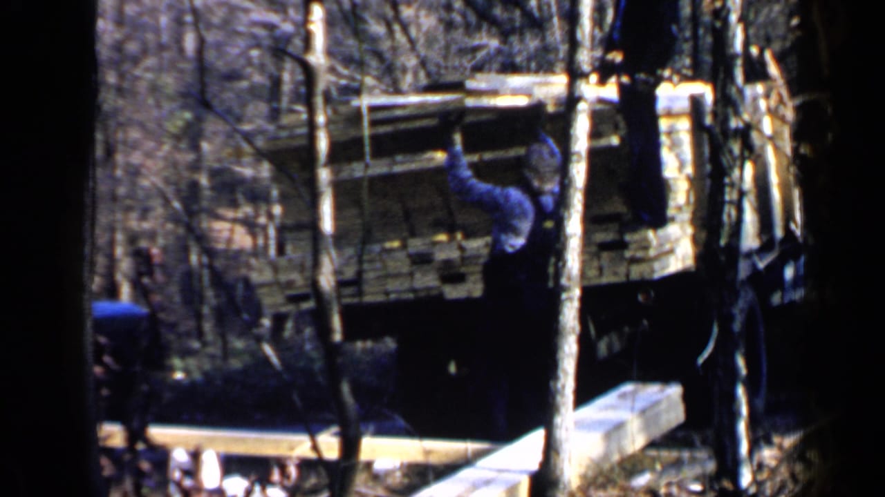 A man raises an arm near a truck loaded with lumber and planks.