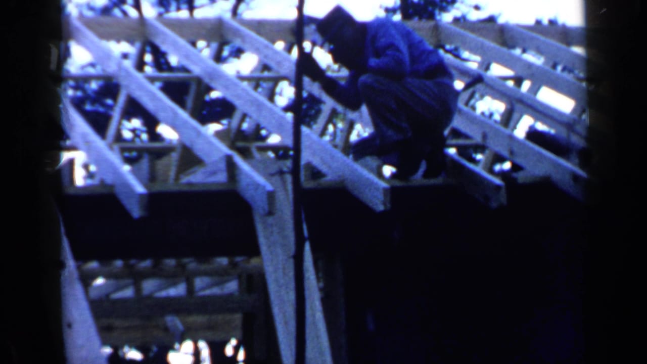 Worker crouched on exposed wooden roof beams with trees behind him.