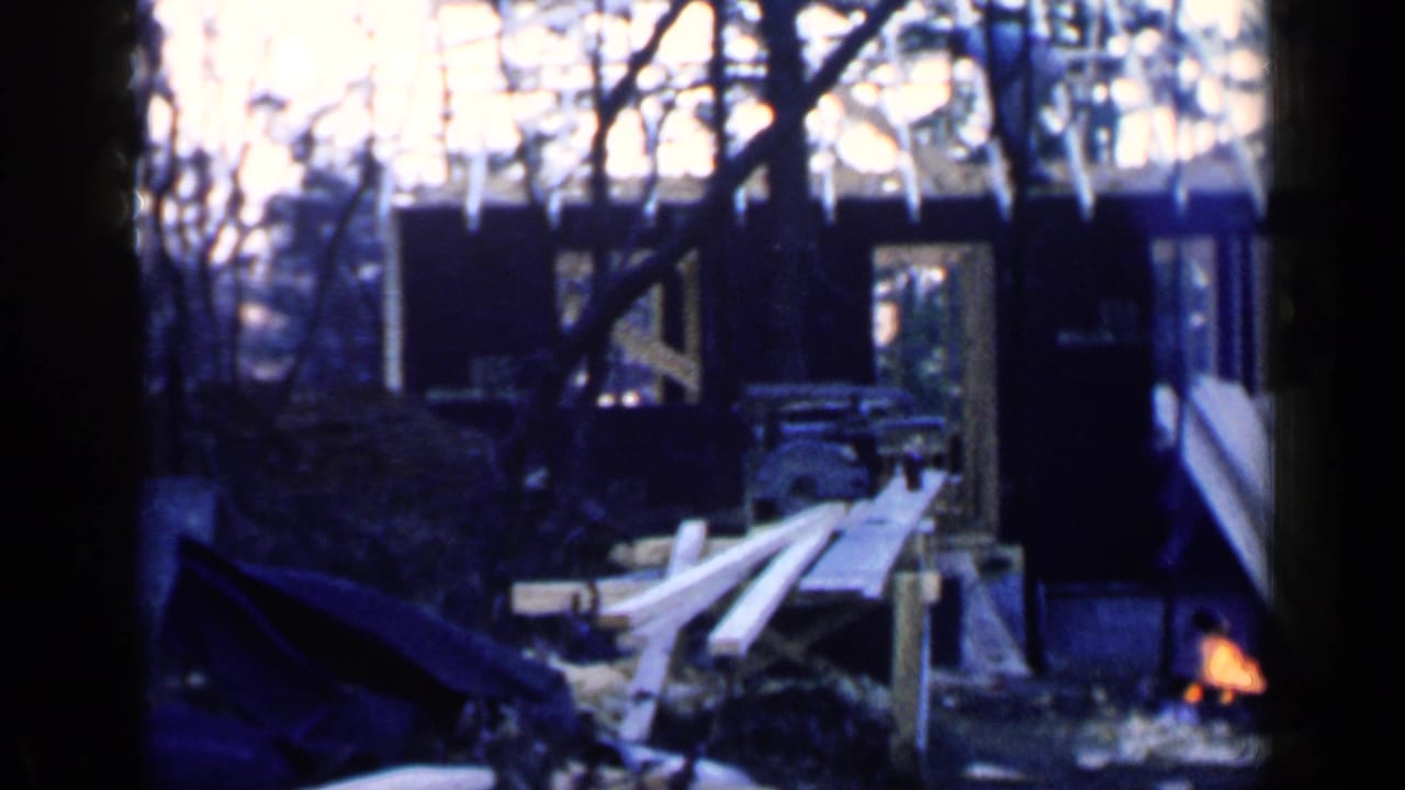 Partially built house frame with lumber stacked in a wooded yard.