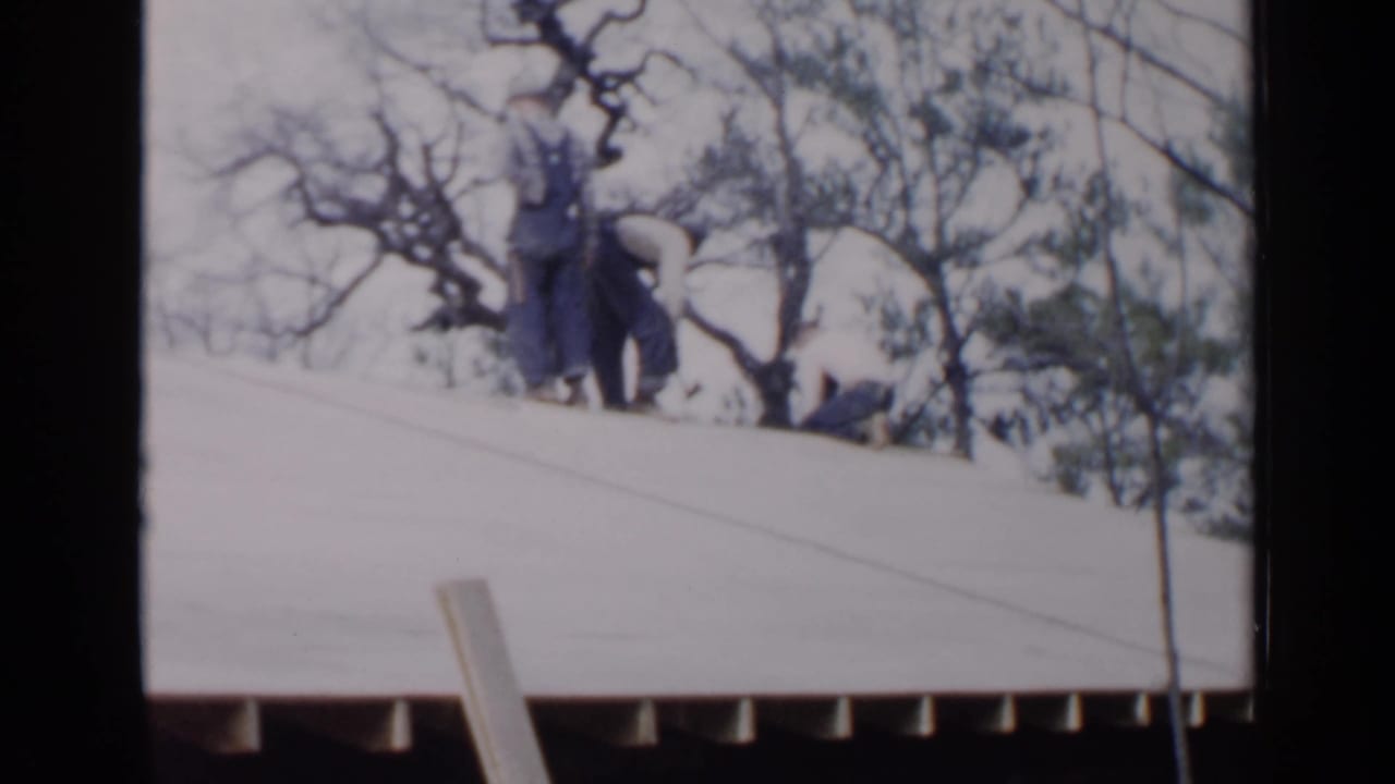 People on a sloped roof framed by bare trees and dark film edges.