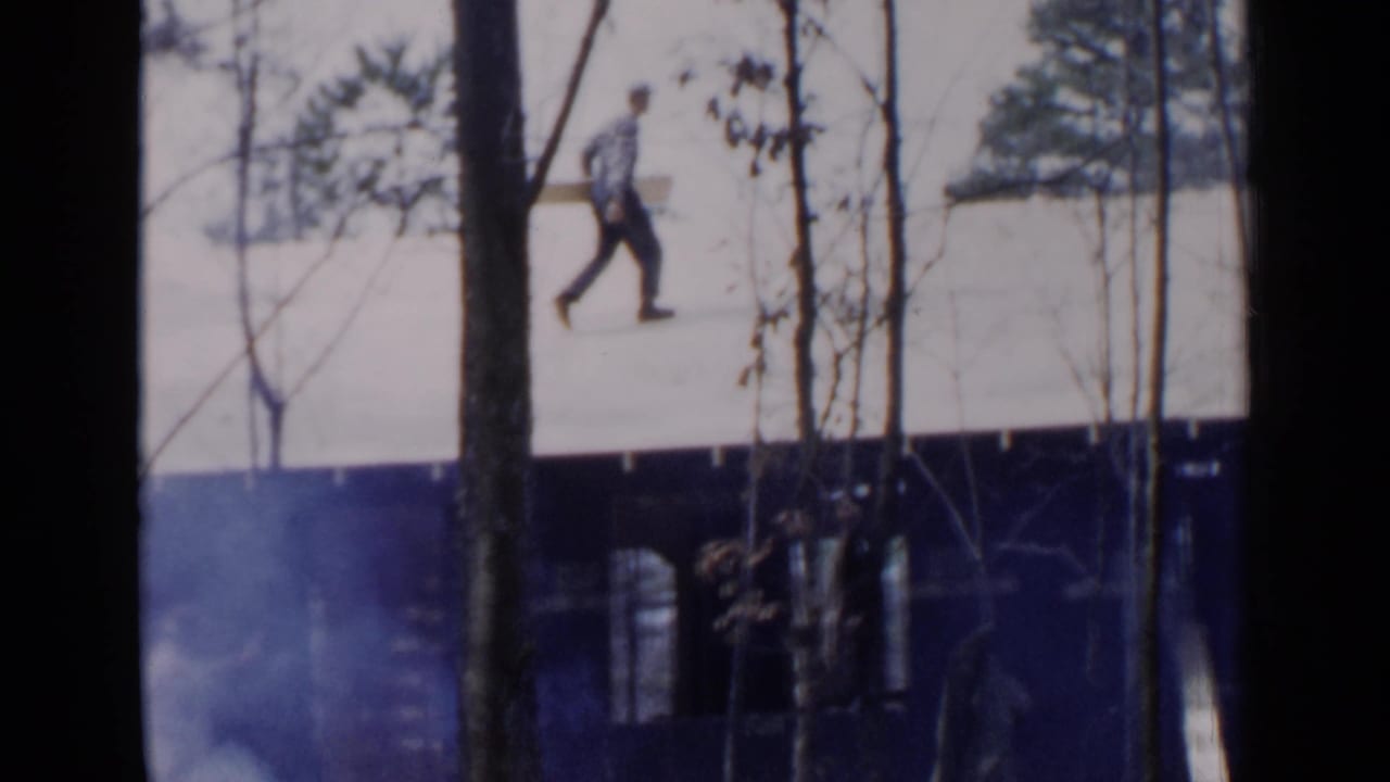 Figure carrying a long board across a snow-covered roof behind tree trunks.