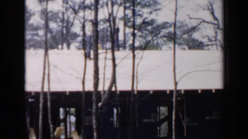1957 Birmingham home-movie frame showing bare trees, a light roofline, and part of a dark house exterior.