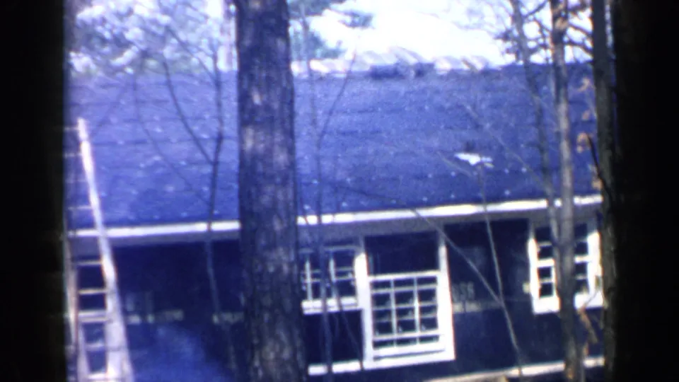 The roofline and white-trimmed windows remain partly obscured by trees, with a ladder positioned against the Birmingham house.