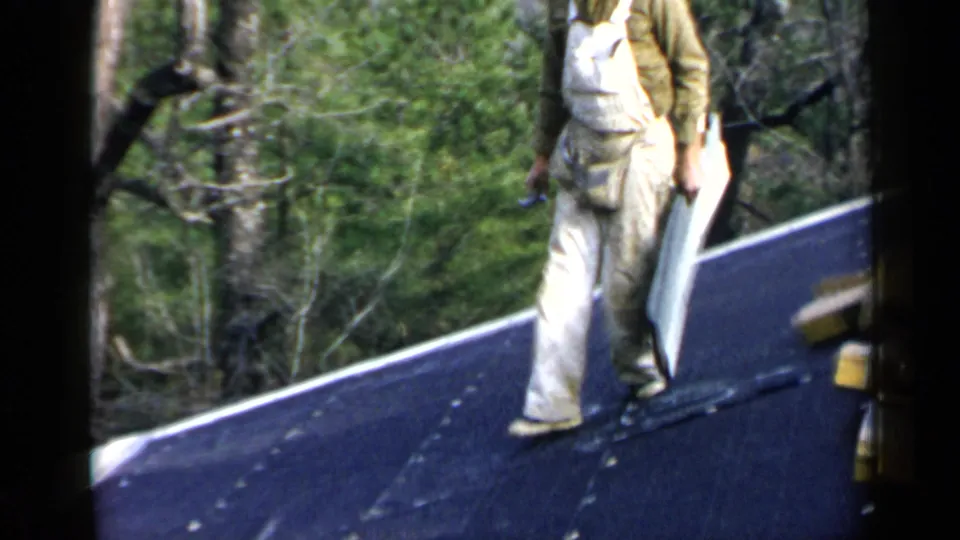 The man stands on the roof holding a light board or roofing sheet, with wooded greenery visible beyond the roofline.