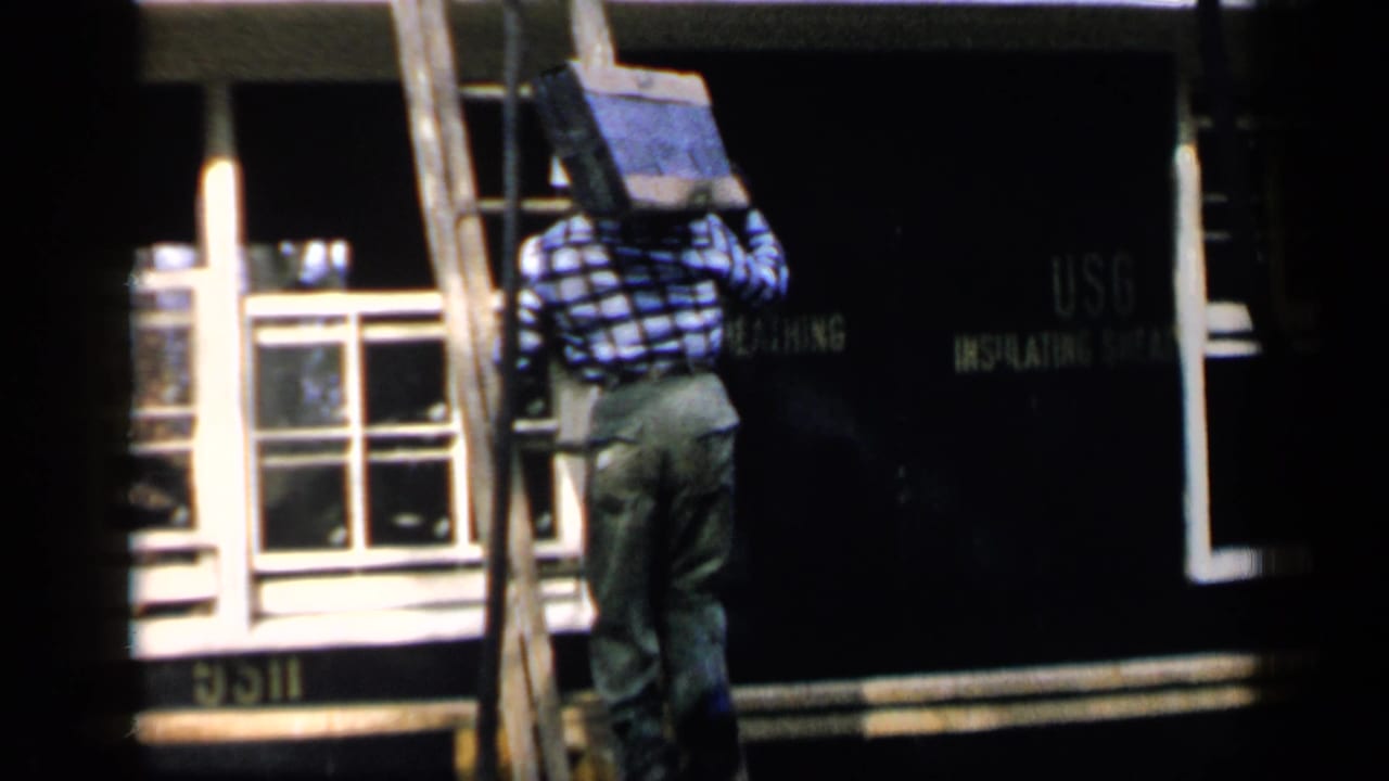 Man on a wooden ladder carrying a dark panel beside a blue shingled roof and white-trimmed window.