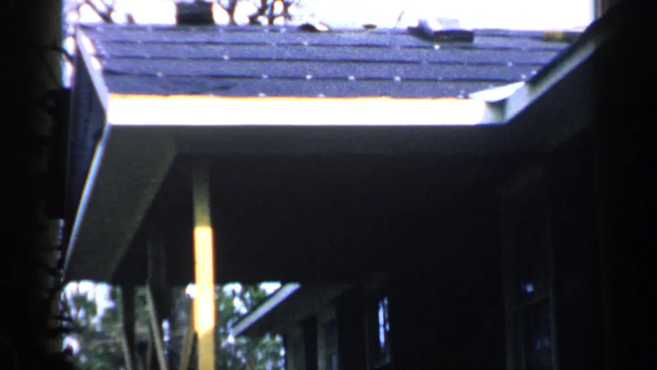 A low, handheld view shows the Birmingham house roof, white eaves, dark exterior, window edge, and trees beyond.