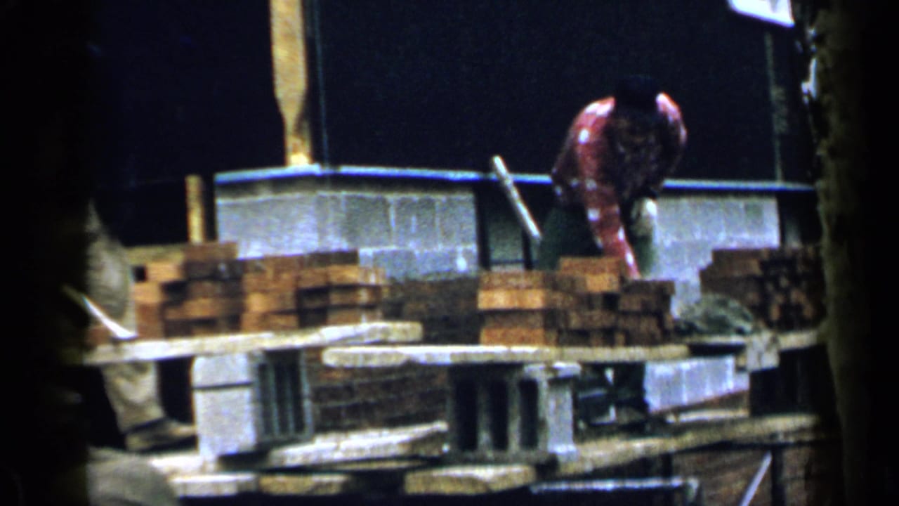 Bricklayer in a red checkered shirt works behind stacked bricks on scaffolding.