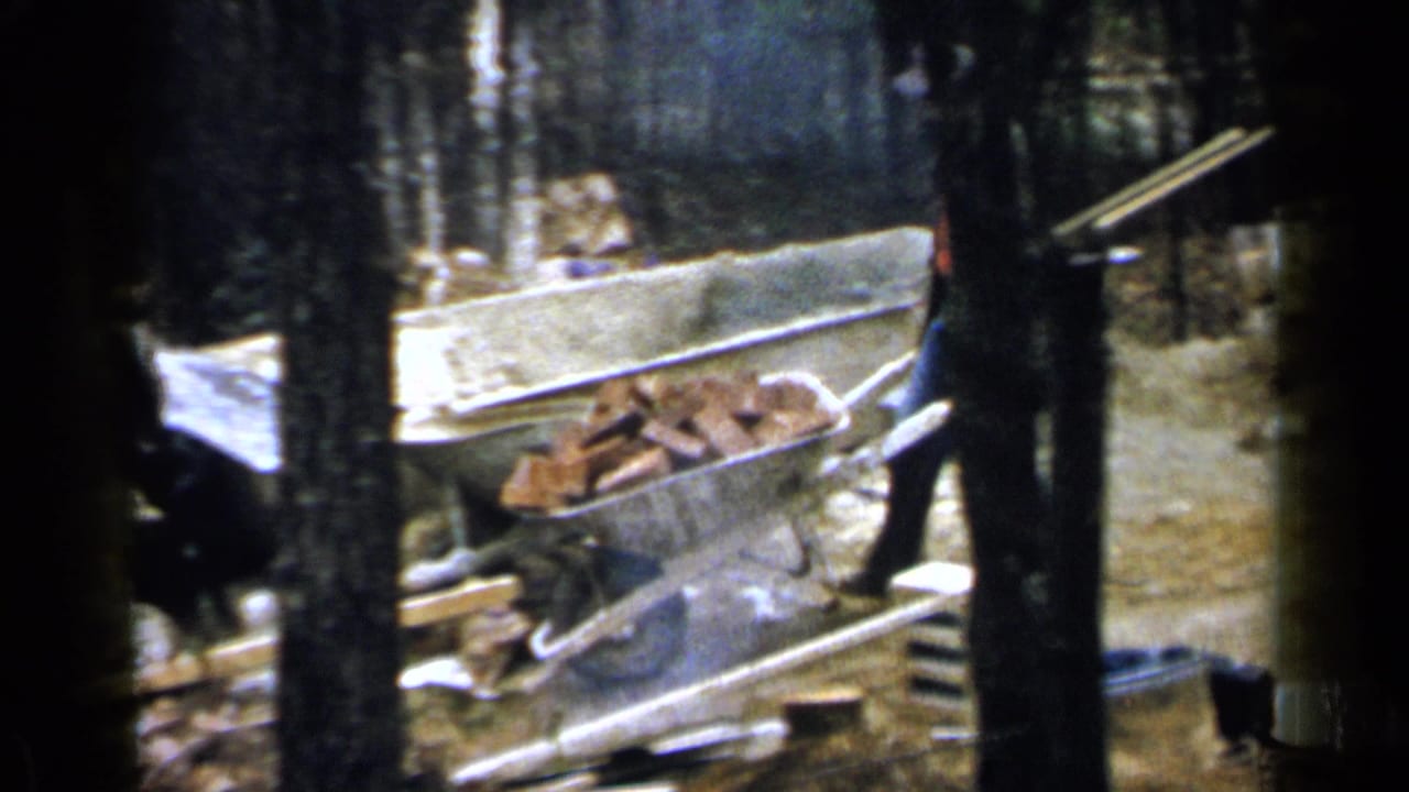 Worker behind trees pushes a wheelbarrow near planks, bricks, and cinder blocks.