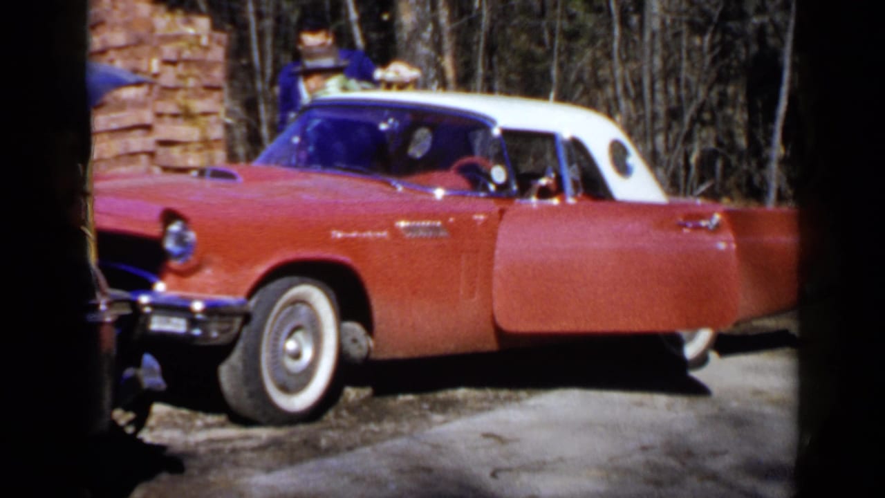 Red and white Ford Thunderbird parked on a wooded roadside with people partly visible nearby.