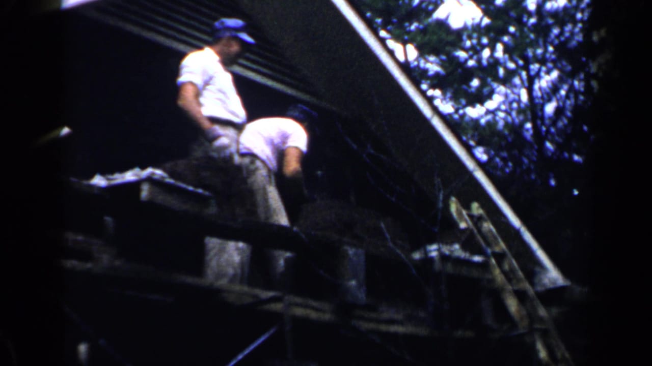 Two men in light shirts work on a dark sloped roof beside trees.