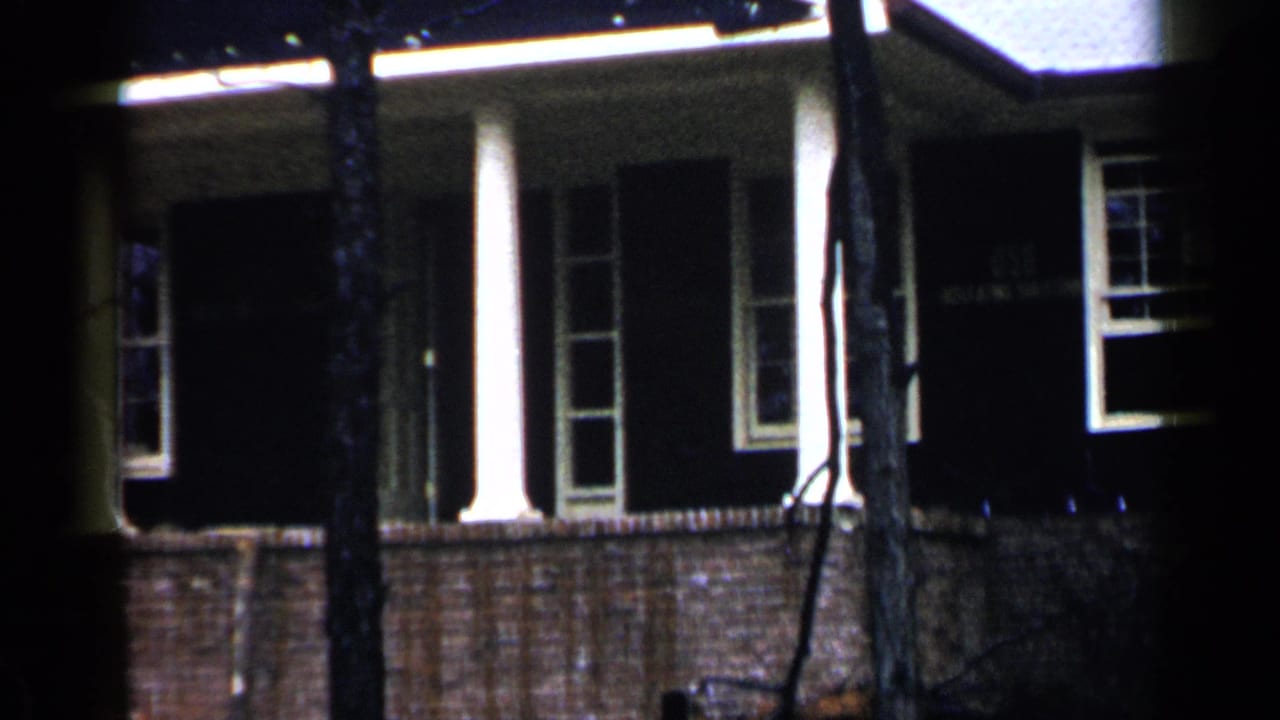 Brick house exterior at night with white columns, dark shutters, windows, and tree trunks in front.