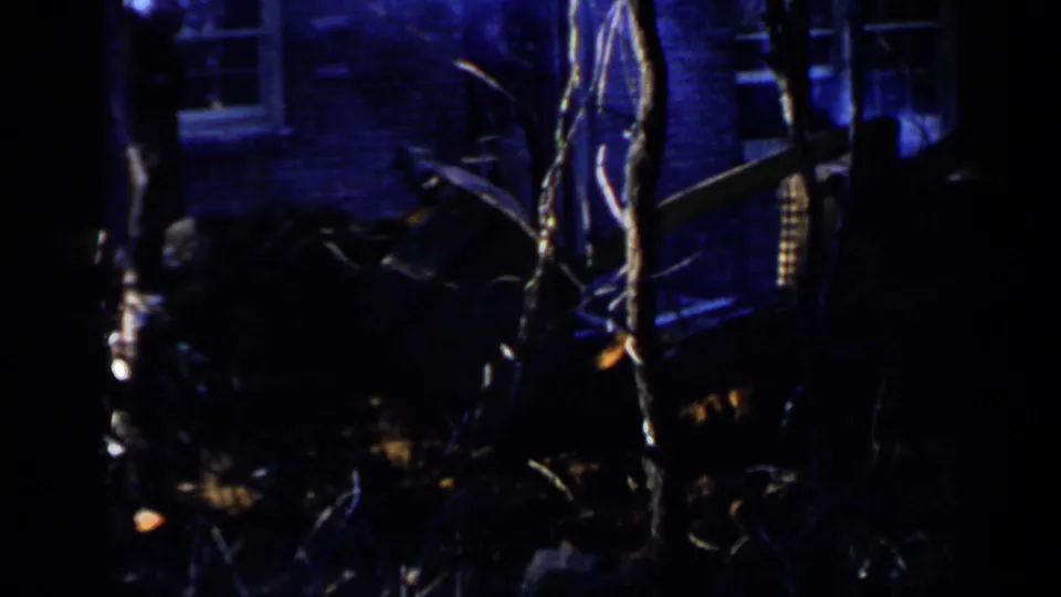 A dark blue-tinted nighttime view shows a building exterior partly obscured by bare branches in Birmingham archival footage.