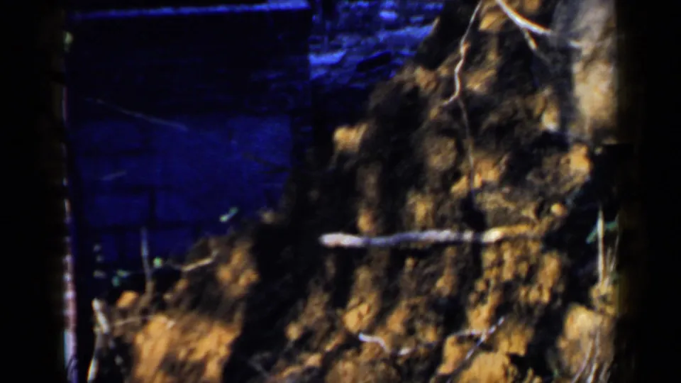 1957 Birmingham home-movie frame showing a bulldozer near a large mound of dirt, partly obscured by tree trunks and branches.