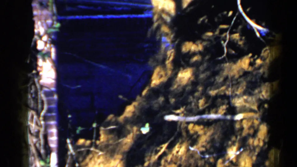 The frame centers on a rough dirt pile and tree trunks, with construction equipment only partly visible in the 1957 Birmingham footage.