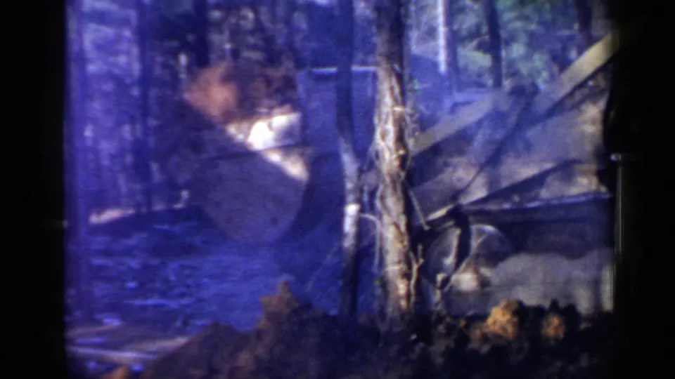 A blue-shifted 8mm frame shows excavation equipment working close to tree trunks in a wooded Birmingham-area setting.