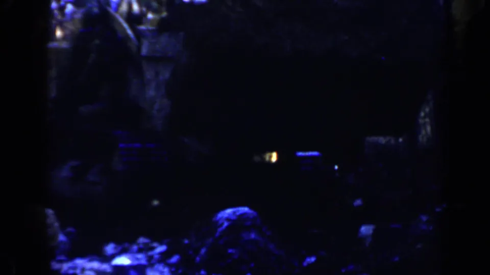 1957 Birmingham 8mm frame with a bulldozer-like silhouette moving through a dim wooded path under a strong blue cast.