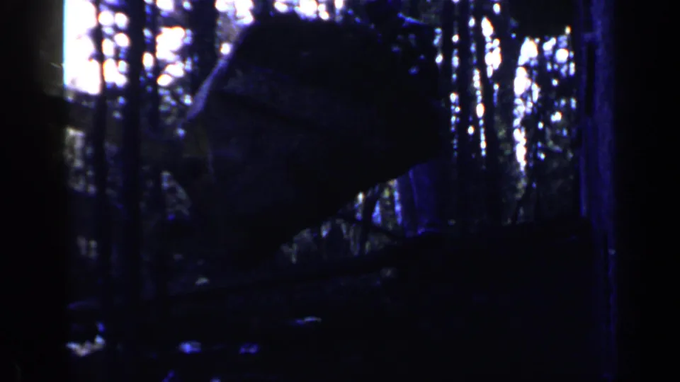 A dark 1957 Birmingham home-movie frame shows trees, rough ground, and an earth pile at a small construction site.